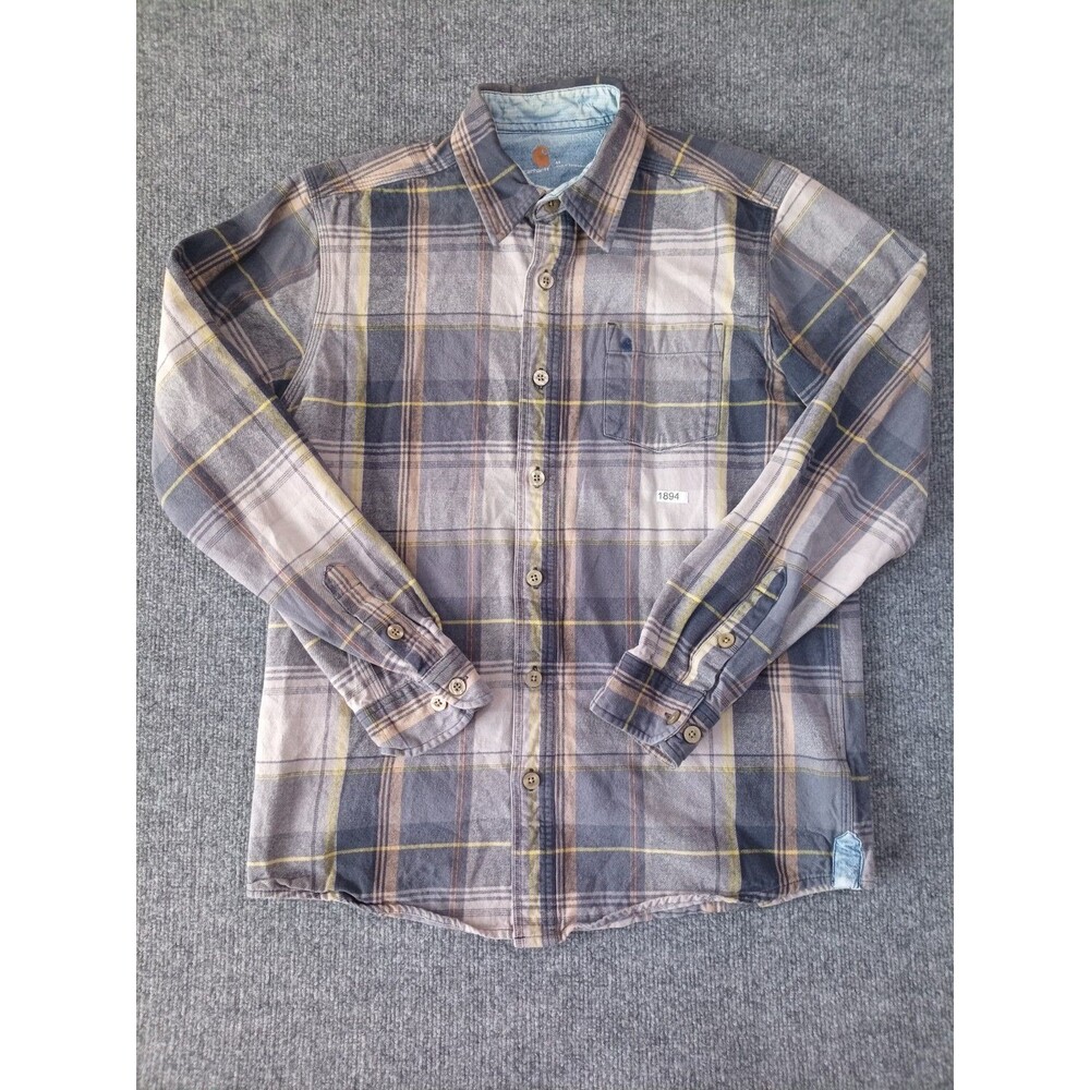 Carhartt Mens Medium Plaid Flannel Button Up Shirt Gray Yellow Workwear